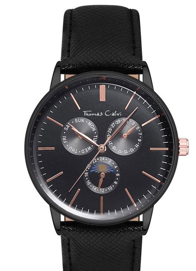 Thomas Calvi Quartz Black Round Face Mens Watch TCM77B